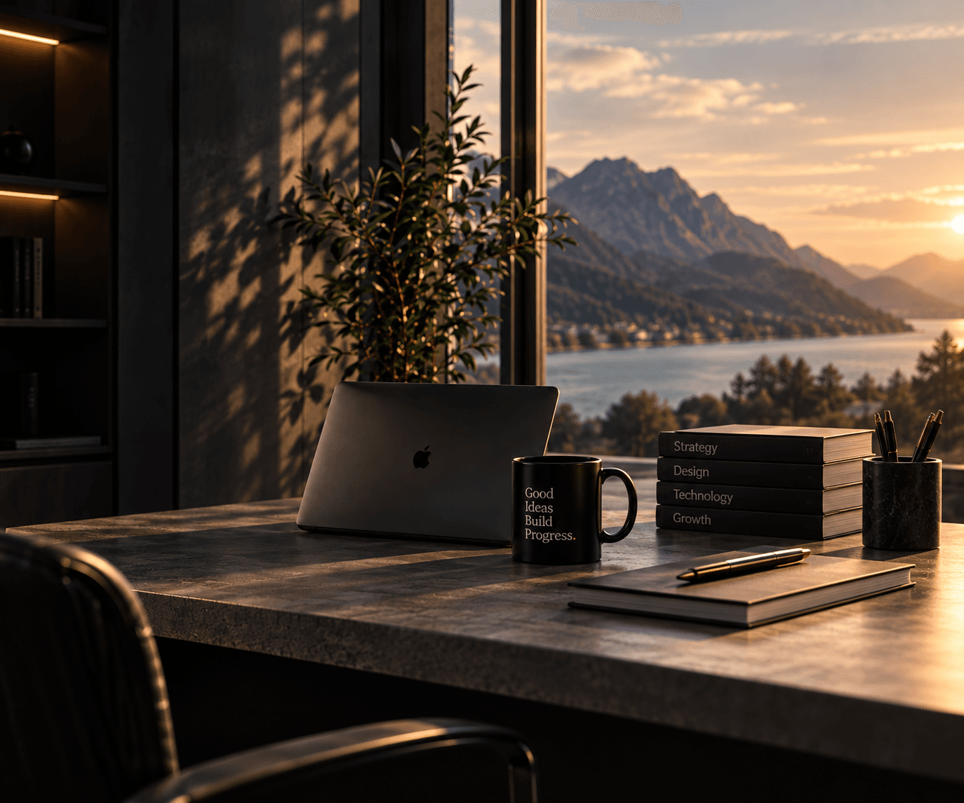 Werkplek met laptop en uitzicht op bergen bij zonsondergang